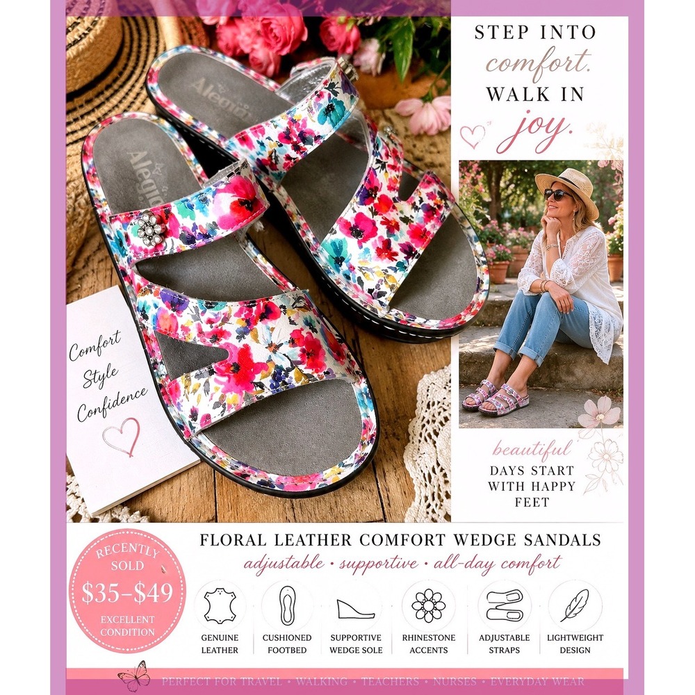 Alegria Loti Blooms Floral Leather Comfort Wedge Sandals Pink Multi EU 38 US 7.5